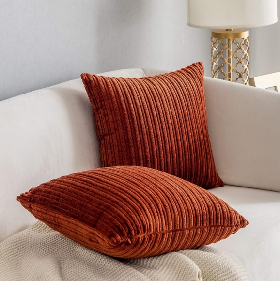 XL Set 2 Rust Burnt Orange Soft Corduroy Stripe Velvet Pillow Covers Pillows New - Picture 7 of 8